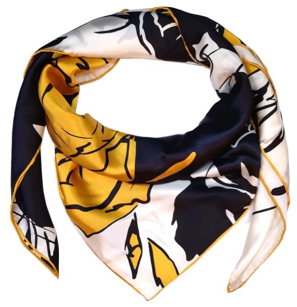 Foulard Shawl Silk Satin 110X110 White Black Gold